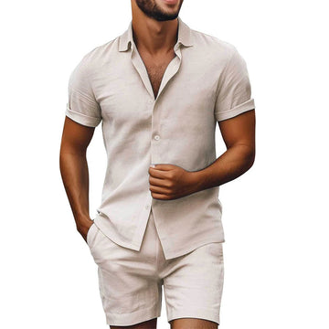 AIDASE  -  Summer Leisure Solid Color Shirts And Shorts Men Outfits Fashion Short Sleeve Two Piece Sets Seaside New Casual Mens Linen Suits aidase-shop